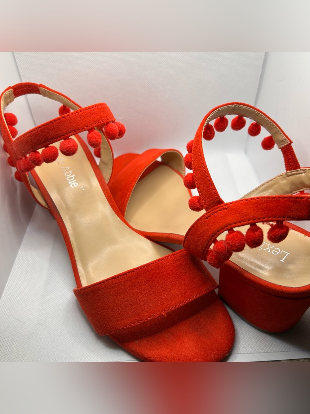 Lexi & Abbie Red Pom-Pom Block Heel Sandals